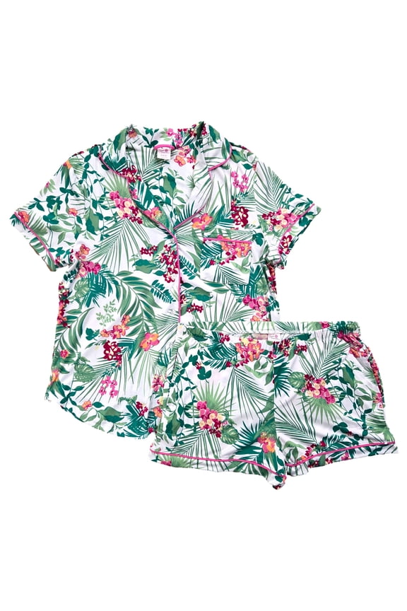 Womens White & Green Pajamas Short Sleeve With Shorts Sleep Set Size Medium