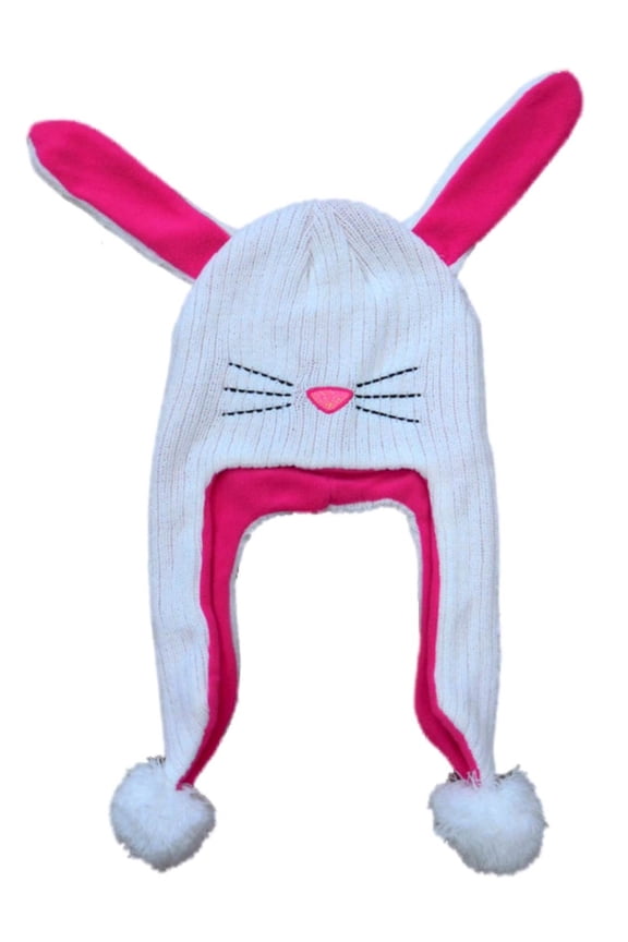 Womens White Knit Bunny Rabbit Peruvian Style Trapper Hat Fleece Lined