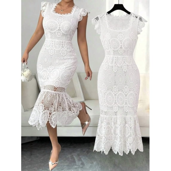 Womens White Lace Bodycon Dress Cap Sleeve Ruffle Hem Plus Size
