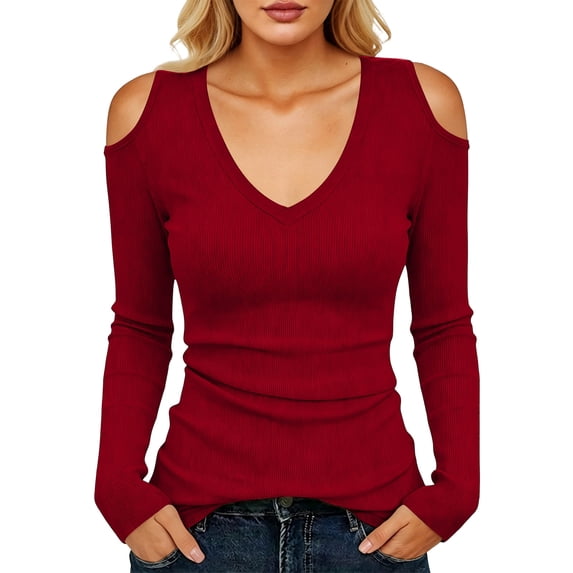 Womens White Lace Shirt Women's Cold Shoulder Shirts - V-Neck Ribbed Slim Fits Tops - Stretchy Comfy Long Sleeve Daily Layering Base Top