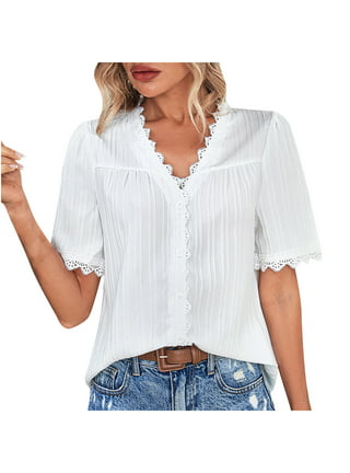 Shirt Vintage Solid White Lace Blouse Shirts Women Button Loose