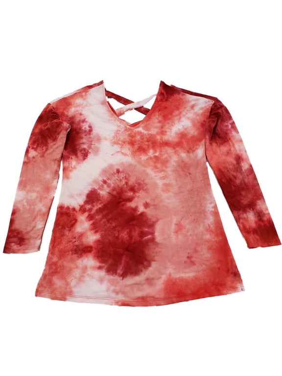 Womens White Light Red Dark Red Tie Dye Long Sleeve Soft V Neck Tee Shirt Top L