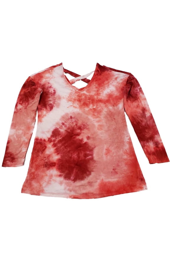 Womens White Light Red Dark Red Tie Dye Long Sleeve Soft V Neck Tee Shirt Top M