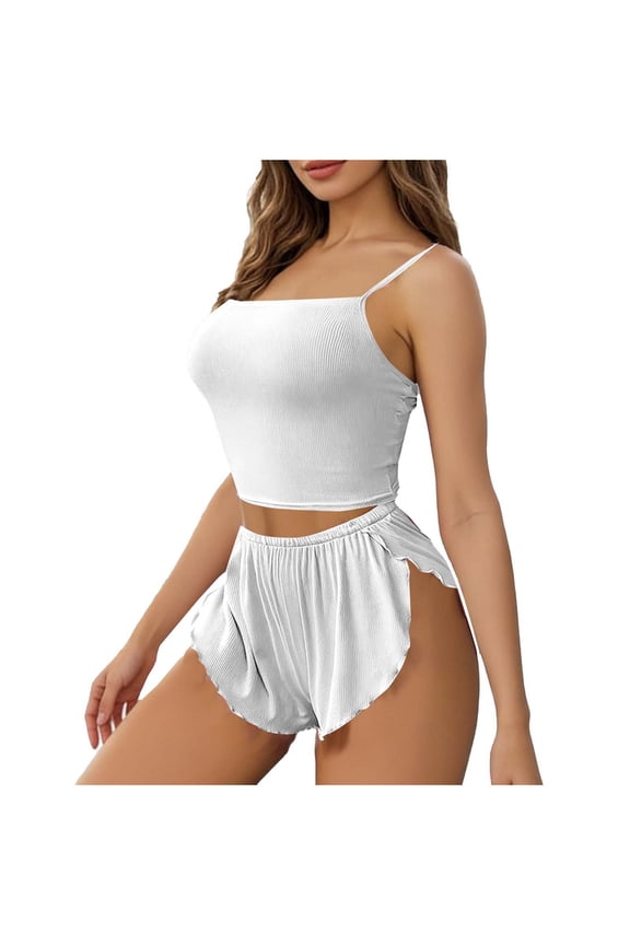 Womens White Loungewear Set - Ribbed Cami Top & Ruffled Shorts Pajama Set, Soft Stretchy Sleepwear,Size 2XL