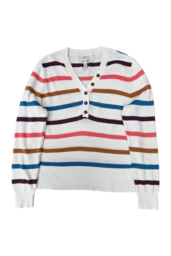 Womens White Multi Color Striped Button Front Sweater Size Large