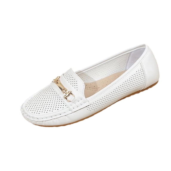 Womens White Perforated Loafers with Metal Horsebit - Breathable Square Toe Slip-On Flats, Comfortable PU Faux Leather Casual Shoes for Walking Office,Size 9.5