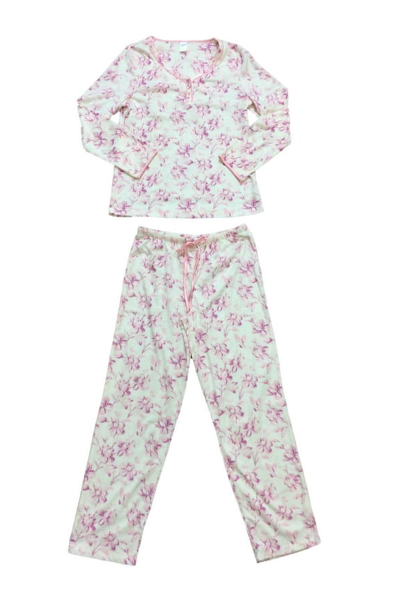 Womens White & Pink Floral Flower Fleece Pajamas Fuzzy 3/4 Button Sleep Set 3X
