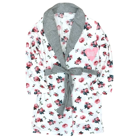 Womens White & Pink Floral Rose Bride Bathrobe Lightweight Bridal Robe Medium