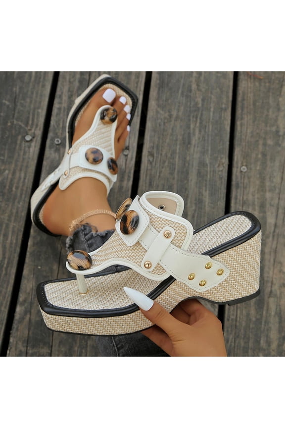 Womens White Platform Wedge Sandals, Square Toe Thong Flip Flops with Adjustable Strap, Comfortable 3-4" Espadrille Heel,Size 38