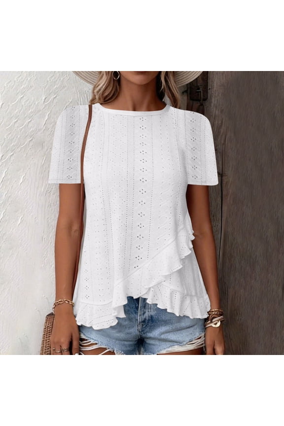 Womens White Puff Sleeve Peplum Top Ruffle Hem Eyelet Casual Summer Blouse,Size M