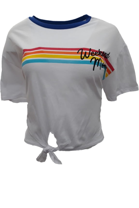 Womens White Red Orange Yellow Aqua Striped Weekend Mood Cropped Top T-Shirt Tee