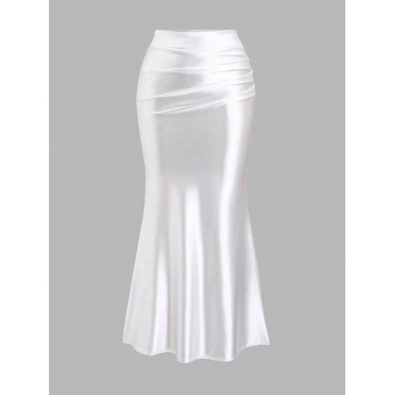 Womens White Satin Fishtail Skirt With Draped Waist