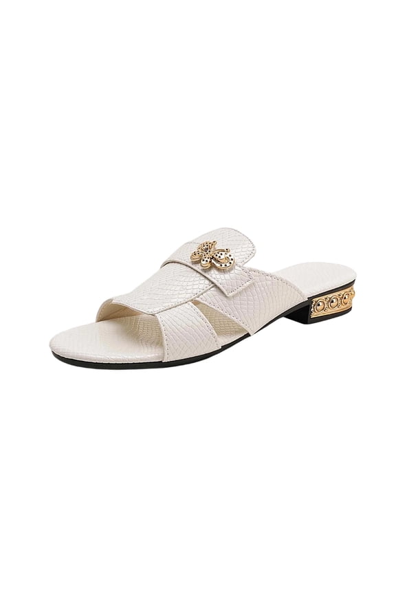Womens White Snake Print Slide Sandals with Butterfly Charm, Comfortable Low Heel Casual Mules for Everyday Walking,Size 6