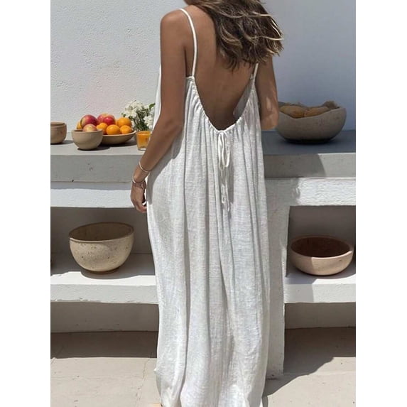 Womens White Spaghetti Strap Long Dress, Flowy Backless Maxi Vacation Dress