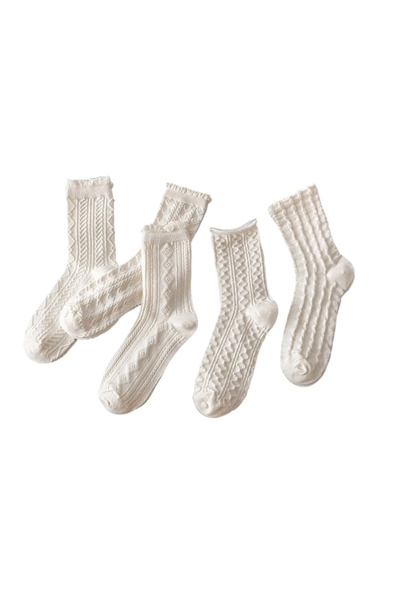 Womens White Textured Crew Socks 5 Pack - Ribbed Diamond Pattern Ruffle Cuff Soft Polyester Socks for Women,Size Free Size