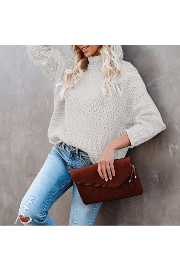 Womens White Turtleneck Sweater Fall Winter Solid High Neck Cable Knit Long Sleeve Sweaters Pullover Blouse White M