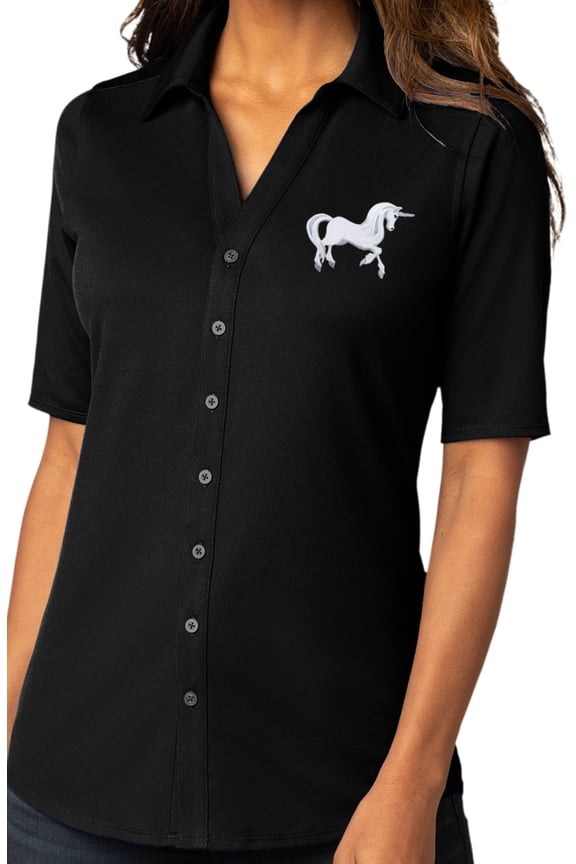 Womens White Unicorn Patch Button-Down Stretch Shirt, Extra-Small Black
