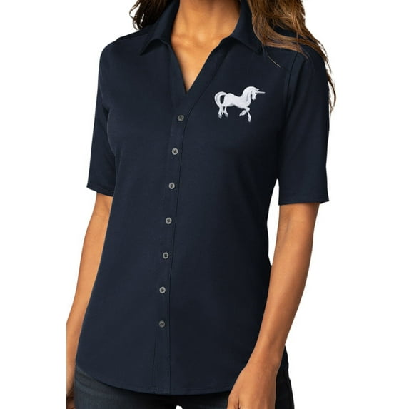 Womens White Unicorn Patch Button-Down Stretch Shirt, Extra-Small River Blue