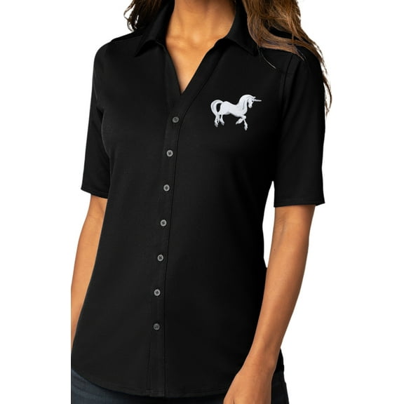 Womens White Unicorn Patch Button-Down Stretch Shirt, Small Black
