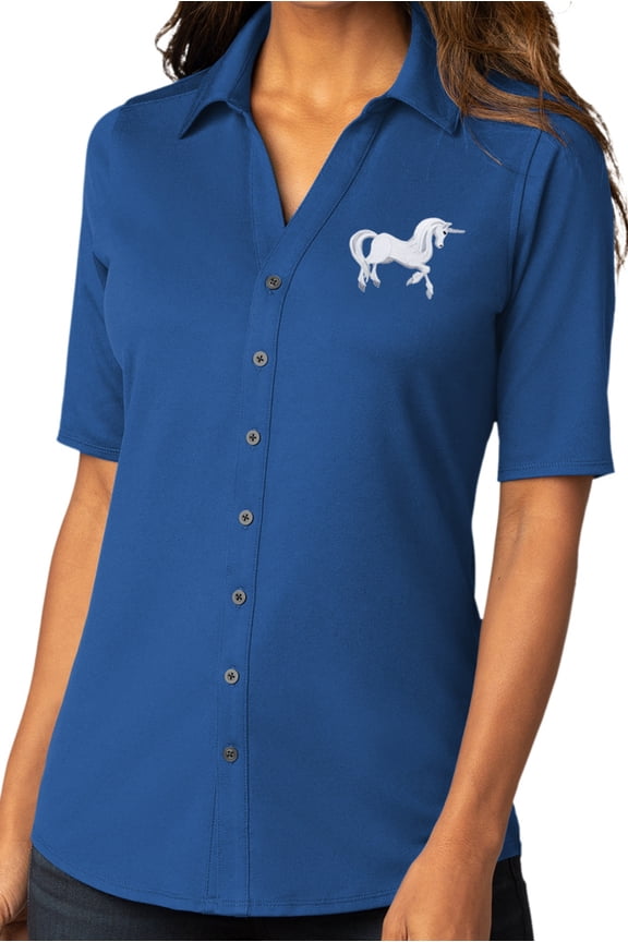 Womens White Unicorn Patch Button-Down Stretch Shirt, Small True Blue