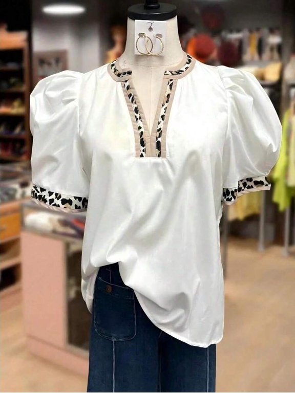 Womens White Vintage Blouse With Leopard Trim Notched Neck And Bishop Sleeves