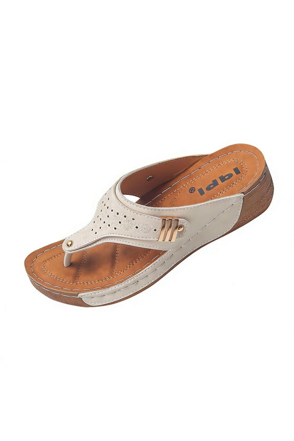 Womens White Wedge Sandals Comfortable Slide Thong - Low Heel Breathable Floral Perforated Casual Shoes for Summer,Size 8.5