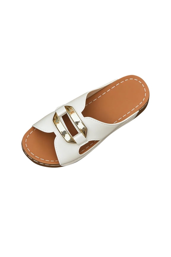 Womens White Wedge Slide Sandals - Low Heel Comfortable Walking Mules, Easy Clean Synthetic Faux Leather Casual Summer Sandals,Size 9