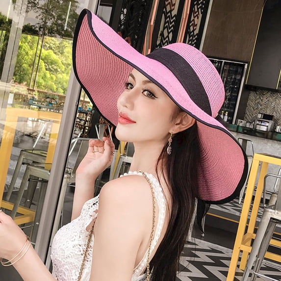 Womens Wide Brim Straw Hat Big Floppy Foldable Roll up Cap Beach Sun Hat Black