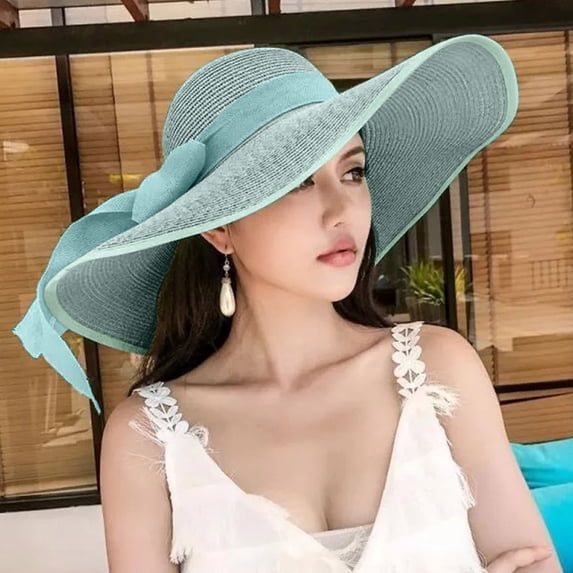 Womens Wide Brim Straw Hat Big Floppy Foldable Roll up Cap Beach Sun Hat Mint Green