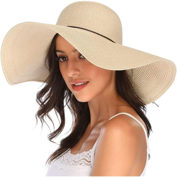 Womens Wide Brim Straw Hat Big Floppy Foldable Roll up Cap Beach Sun Hat UPF 50+