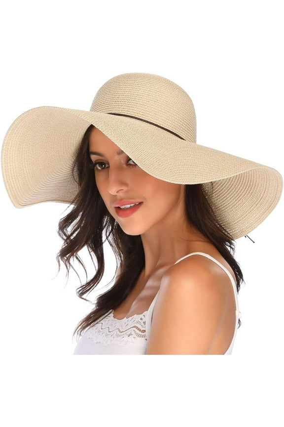 Womens Wide Brim Straw Hat Big Floppy Foldable Roll up Cap Beach Sun Hat UPF 50+