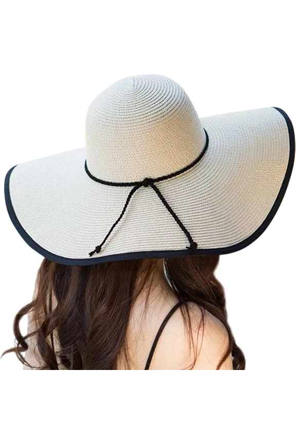 Womens Wide Brim Straw Hat Big Floppy Foldable Roll up Cap Beach Sun Hat UPF 50+