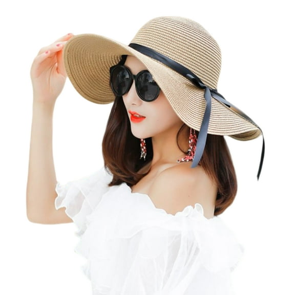 Womens Wide Brim Straw Hat Big Floppy Foldable Roll up Cap Beach Sun Hat UPF 50+