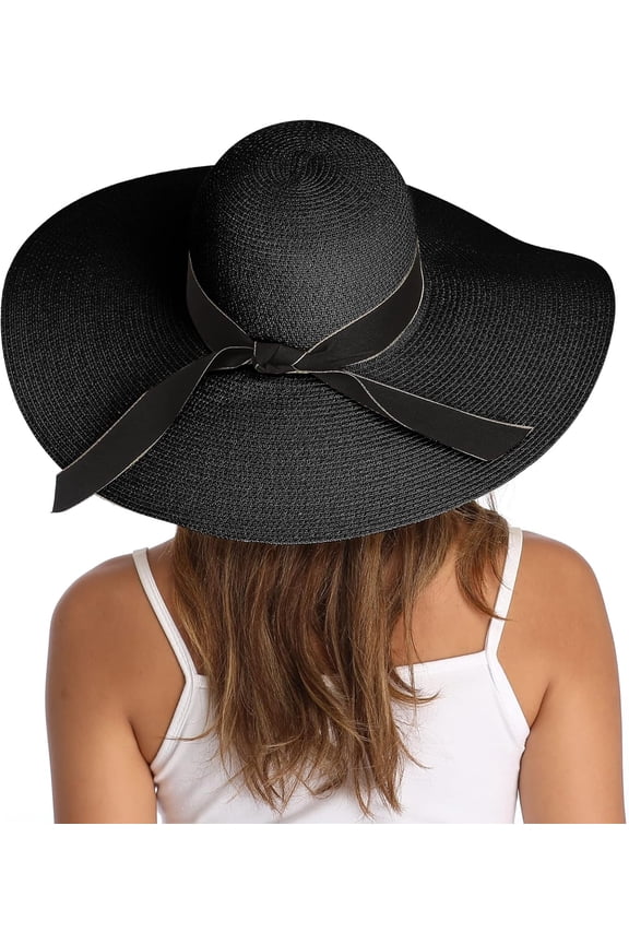 Womens Wide Brim Straw Hat Big Floppy Foldable Roll up Cap Beach Sun Hat UPF 50+