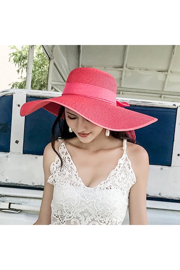 Womens Wide Brim Straw Hat Big Floppy Foldable Roll up Cap Beach Sun Hat Watermelon Red