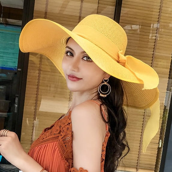 Womens Wide Brim Straw Hat Big Floppy Foldable Roll up Cap Beach Sun Hat Yellow