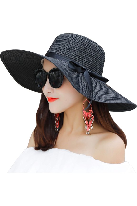 Womens Wide Brim Straw Sun Hat, Floppy Foldable Roll up Cap Summer Beach Hats