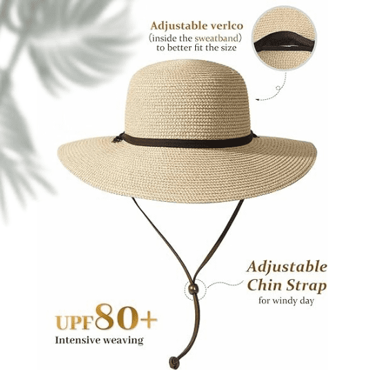 Womens Wide Brim Straw Sun Hat with Wind Lanyard UPF Summer  display picture 1