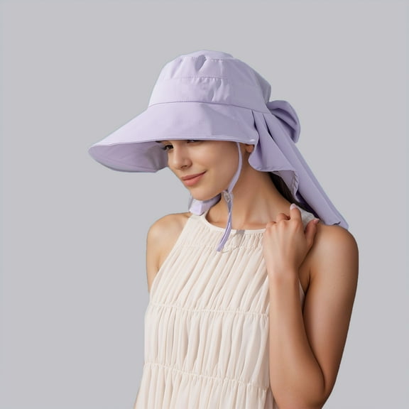 Womens Wide Brim Sun Hat UV Protection Flap Design with Back Bow Detail and Adjustable Chin Strap - Purple