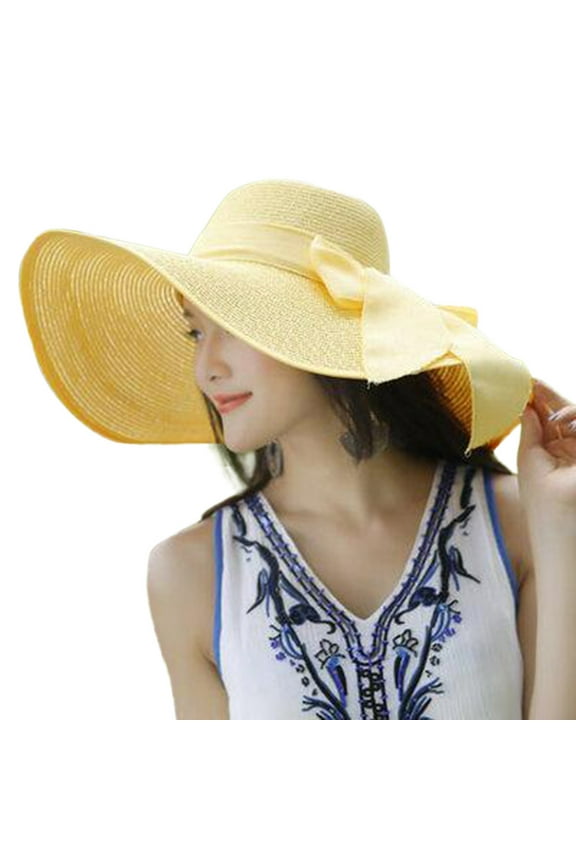 Womens Wide Brim Sun Hat with Adjustable Bow Foldable Beach Hat for Women Stylish Floppy Straw Hat UPF 50+