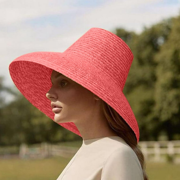 Womens Wide Brim Sun Hat with Wind Lanyard Beach Summer Sun Straw Hats for  Women Baseball Caps Red