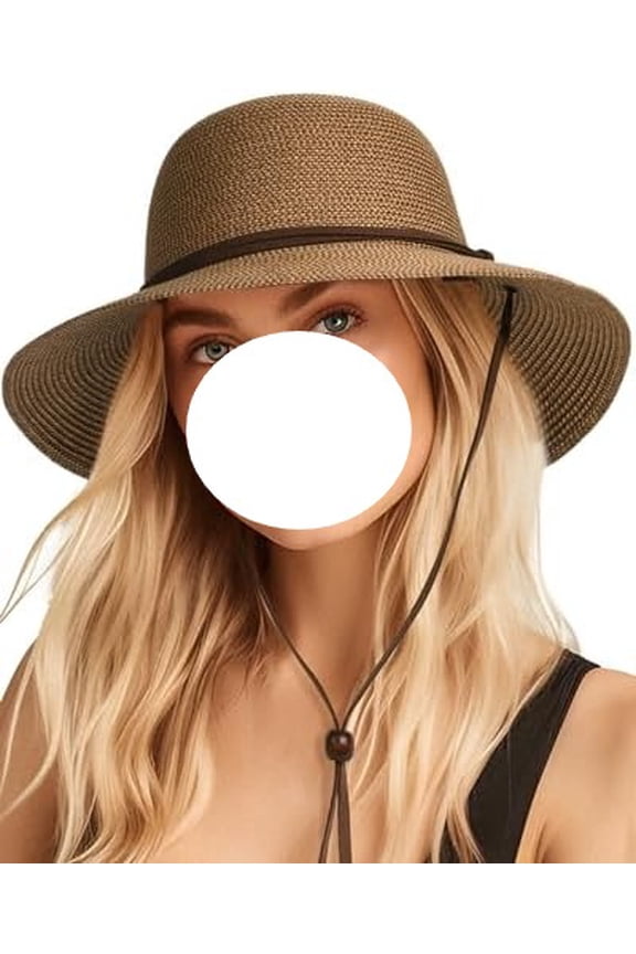 Womens Wide Brim Sun Hat with Wind Lanyard UPF Summer Straw Sun Hats for Women Medium-Large,Ac-brown