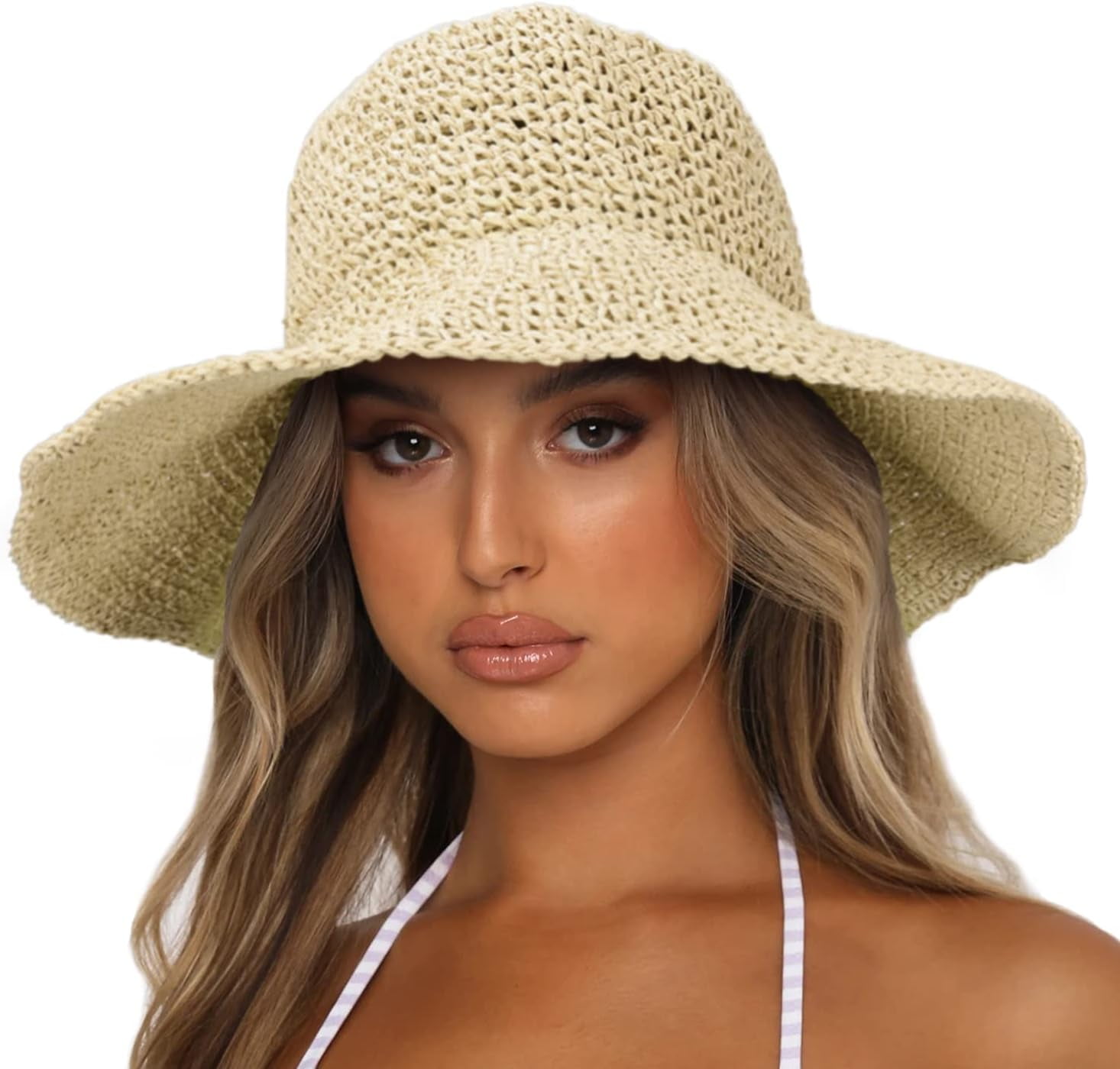 Womens Wide Brim Sun Hats Summer Beach Hat for Women Foldable Travel Straw Hat UPF50+