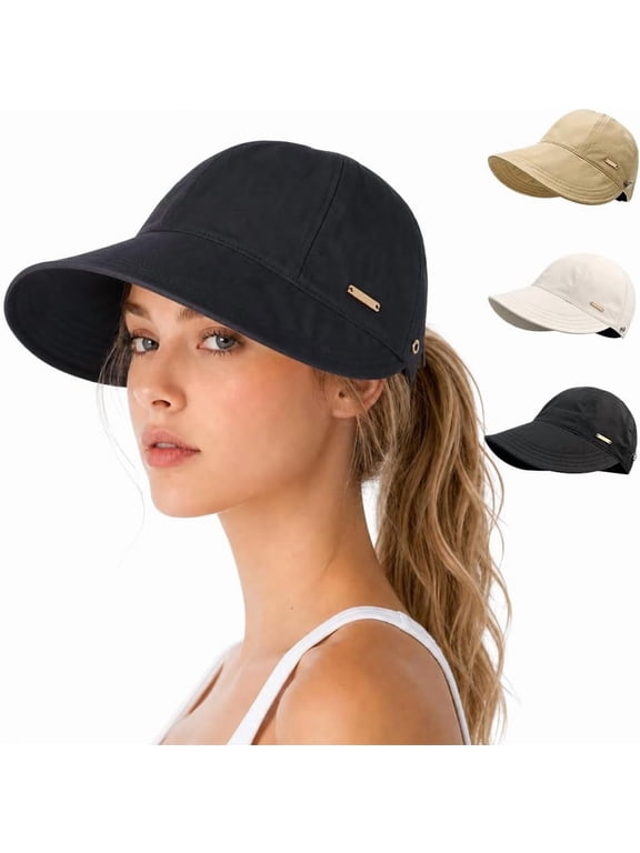 Womens Wide Brim Sun Visor Hat, UV Protection Adjustable Packable Ponytail Baseball Cap for Hiking Fishing Golf Beach