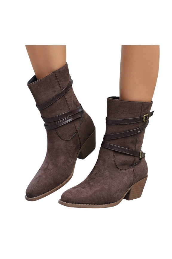 Womens Wide Calf Ankle Boots Suede Pointed Toe Casual Stacked Heel Strappy Pull on Chelsea Booties