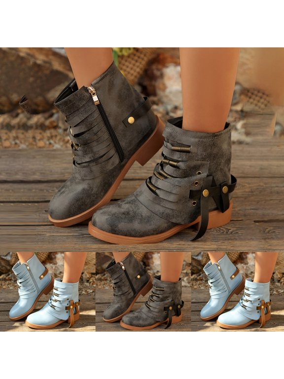 Womens Wide Calf Ankle Boots Wide Toe Box Cutout Metal Rivets Casual Mid Calf Booties with Side Zipper Gray 6