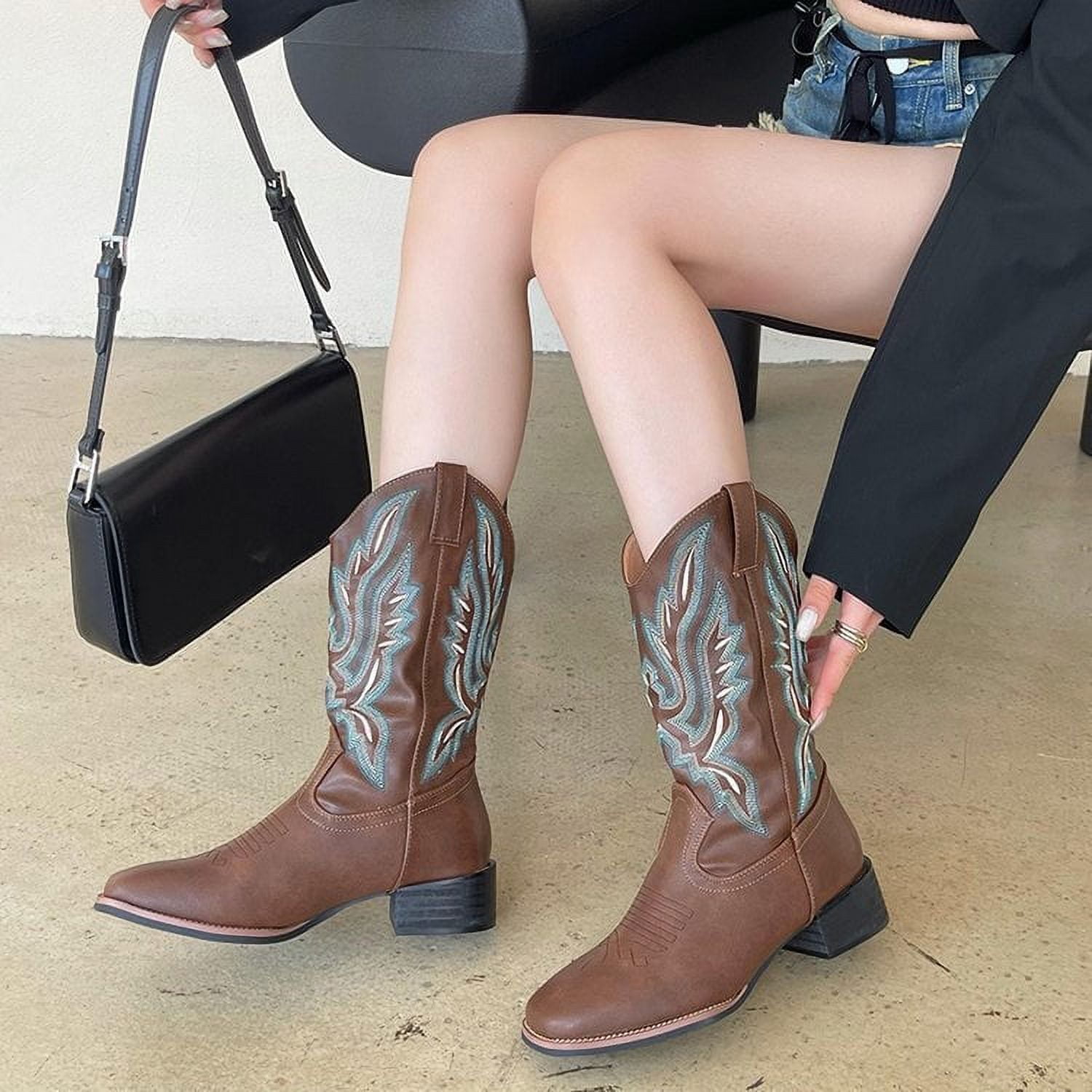 Womens Wide Calf Cowboy Boots,Square Toe Embroidered Chunky Heel