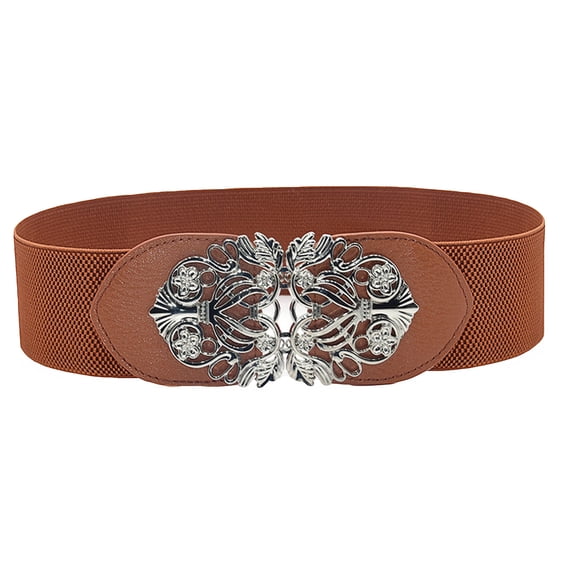 Womens Wide Elastic Waist Belt with Engraved Hook Buckle – Stretch Cinch Belt for Dresses Coats Sweaters and Tunics – Retro Fashion Waistband for Women Camel