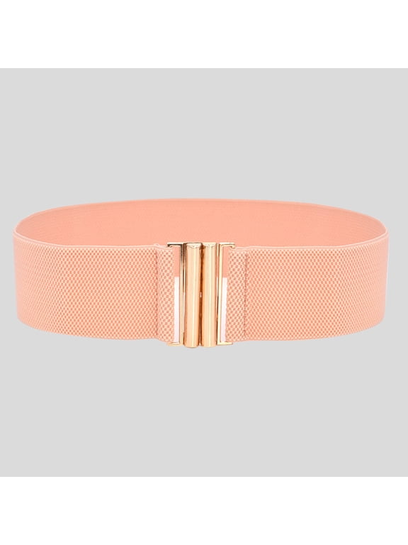 Womens Wide Elastic Waist Belt with Gold Metal Buckle – Stretch Cinch Belt for Dresses Tunics Tops and Skirts – Fashion Decorative Waistband for Women Pink