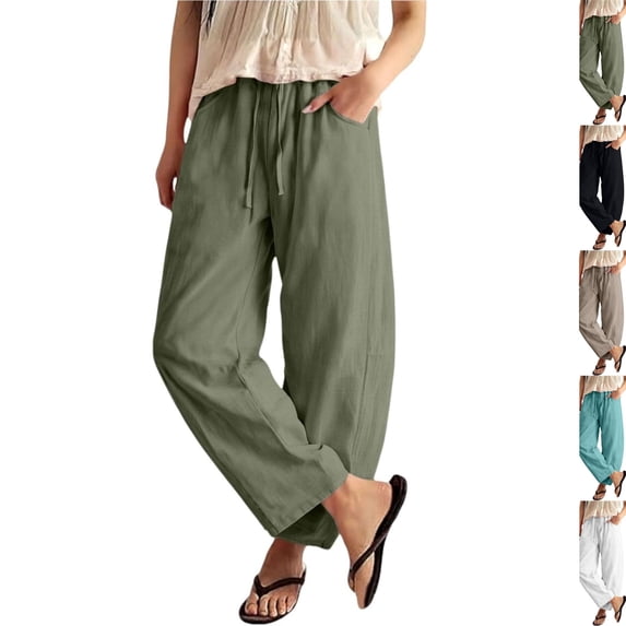 Womens Wide Leg Barrel Pants Palazzo Casual Flowy Beach Cropped Harem Pants Summer 2026 Casual Drawstring Capris (Army Green,L)